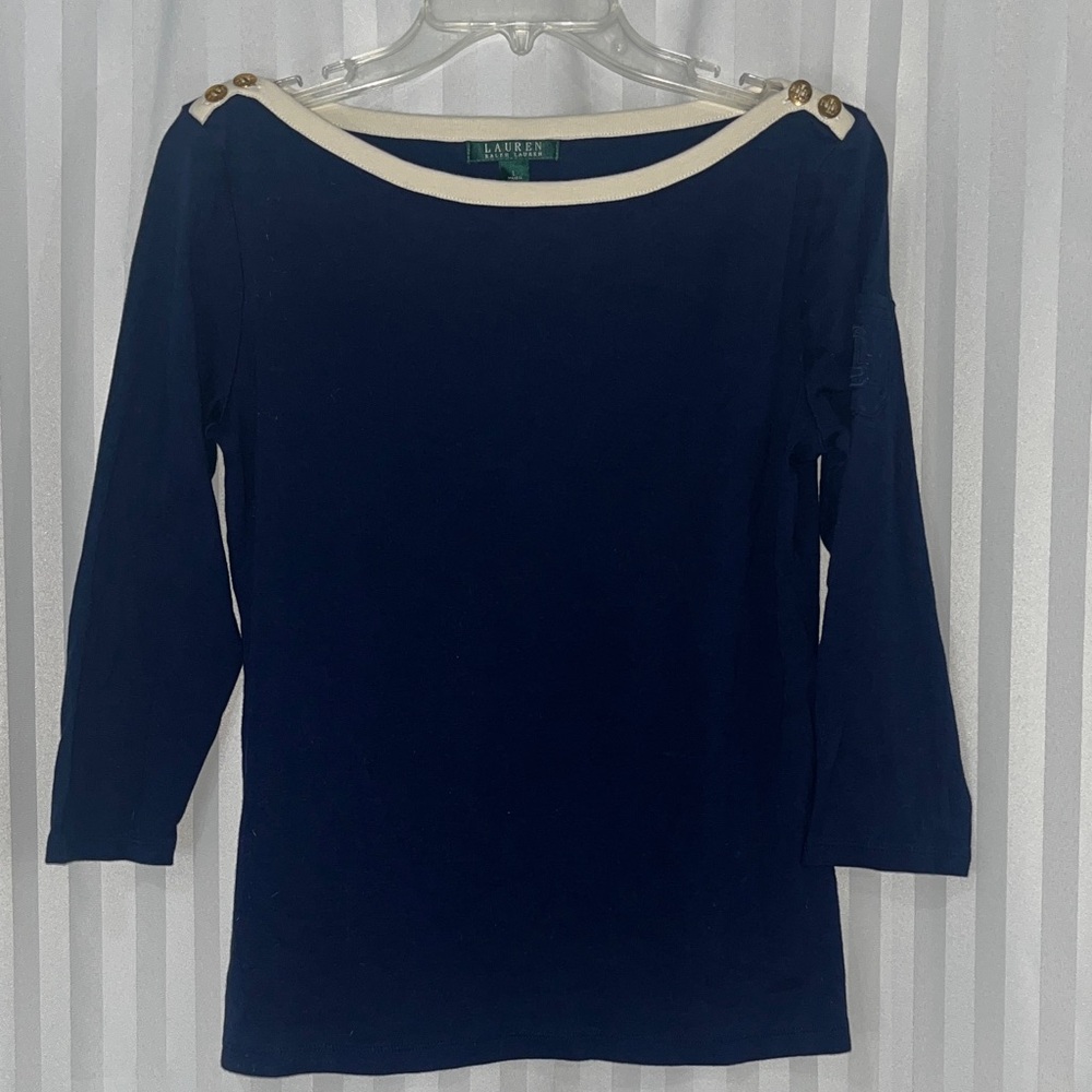 Lauren Ralph Lauren Navy 3/4 Sleeve Boatneck Top w/ Cream Trim & Button Detail